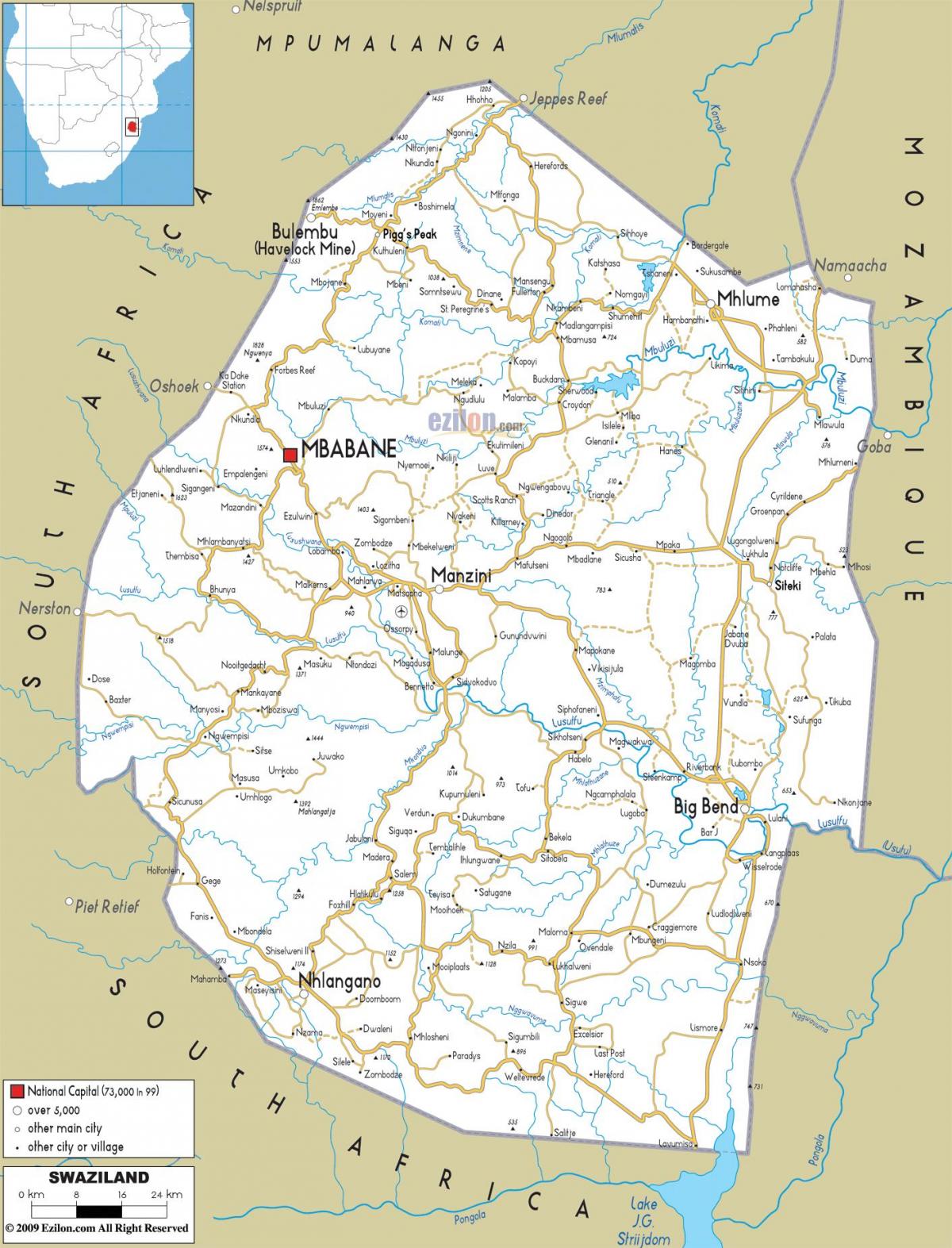 kort over Swaziland