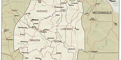 Kort Swaziland, der viser grænsen indlæg