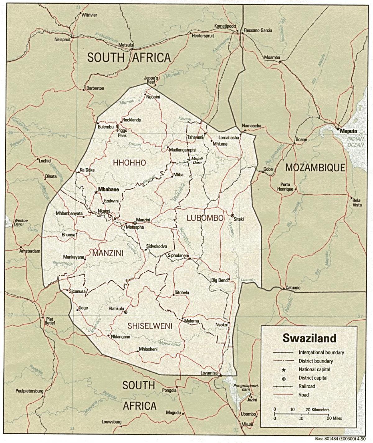 kort Swaziland, der viser grænsen indlæg